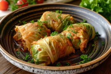 Sticker - Savory cabbage rolls filled with meat and rice, garnished with parsley on a rustic plate