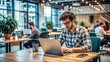 © N7 - Young Tech Entrepreneur: A young entrepreneur working on a laptop in a co-working space, surrounded by tech gadgets and notes.