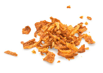 Pile of crispy fried onions isolated on white. Crunchy Roasted Onion flakesTop view. Flat lay.