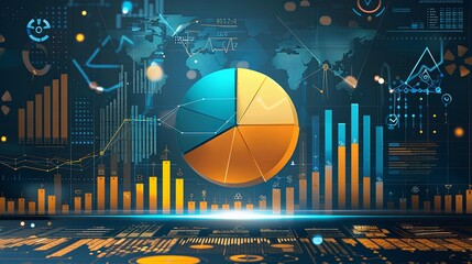 Poster - Illuminating Finance Insights: Dynamic Pie Chart Revealing Market Share Growth in Detailed Vector Background with Financial Symbols