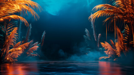 Wall Mural -  Tropical paradise with glowing palm trees and misty blue background. Copy space. Generative AI	