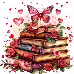 Wall Mural - A stack of books with roses and butterflies, surrounded by hearts, on a white background, in the style of digital airbrush