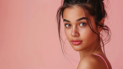 Wall Mural - Young beautiful woman on pink background