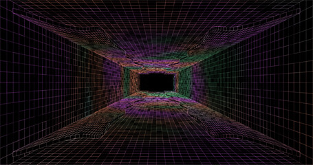 Poster - Wire low poly frame of a futuristic corridor or tunnel, consisting of lines and polygons in neon color on a black background. vector illustration.