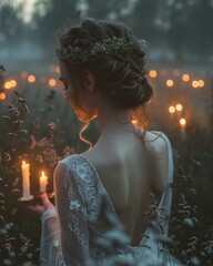 Sticker - a white ghostly bride in the fog holding candles, sunset time, forest background, celestial crown on her head, fantasy, beautiful