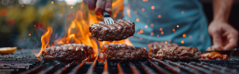 A man is cooking hamburgers on a grill. The hamburgers are being flipped with a fork. Banner concept of warmth and comfort, as barbecue, bbq common outdoor activity that people enjoy during the summer