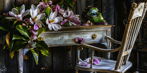 Southern Comfort Desk: A rustic yet stylish desk, adorned with magnolia flowers, a rocking chair and a Mardi Gras mask, evoking the vibrant spirit of the American South.