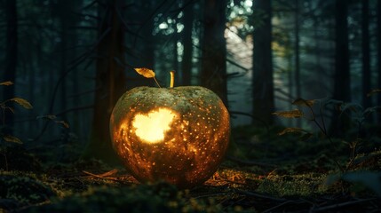 Wall Mural - Glowing apple in a dark forest for halloween or fantasy themed designs