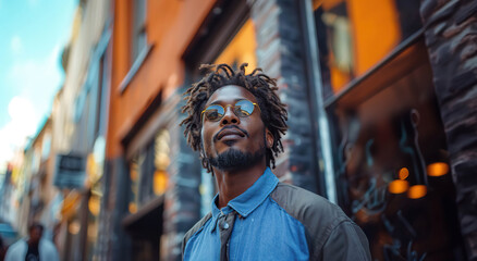 Wall Mural - A stylish man with dreadlocks poses for a portrait in the city. Generated by AI