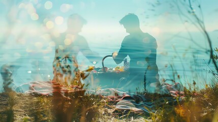 Beach picnic with a blanket and food basket close up, focus on, copy space showing vibrant, appetizing details Double exposure silhouette with a joyful day out