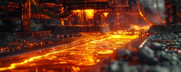 Molten metal flowing in a steel mill.