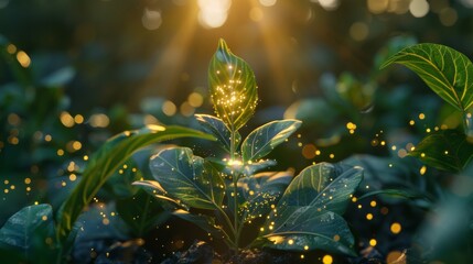 Poster - Glowing plant sprout in the sunset light for technology or sustainability concepts