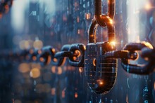 The Image Shows A 3D Rendering Of A Chain And Lock With A Glowing Effect. The Background Is Blurred With A Bokeh Effect.