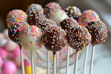 Poster - Delightful display of chocolate-coated cake pops adorned with multicolored sprinkles