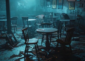 Canvas Print - empty, dark, all the chairs are piled in one pile, the light from a flashlight