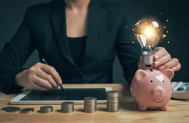 Poster - Ideas for saving energy. How to reduce electricity bills and increase savings. Saving money by saving electricity. Ideas for saving money and investing.