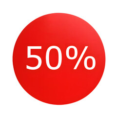 A round red sticker with white text announcing a 50% discount. Perfect for sales and promotions