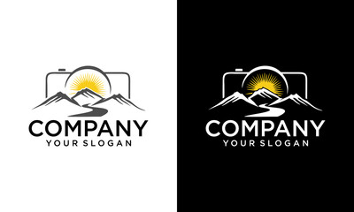 Aufkleber - Creative sunset camera photography logo with nature mountain symbol vector illustration design