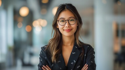 Wall Mural - Young Asian Woman with Glasses Smiling Confidently in Casual Attire Indoors, Radiating Positivity and Warmth.