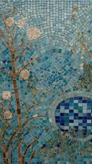Poster - Mosaic artwork comes to life, showcasing tree adorned with white blossoms, green leaves. Background captivating array of blue tiles arranged in circular pattern, creating sense of depth, movement.