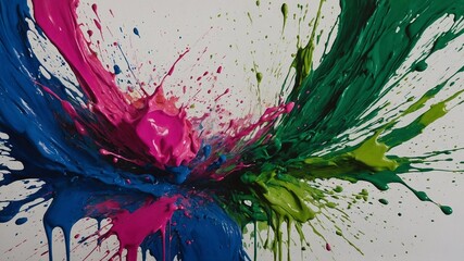 Poster - Vibrant explosion of paint splatters creates dynamic array of colors against white background. This abstract, visually striking composition captures moment frozen in time, where pink, blue,.