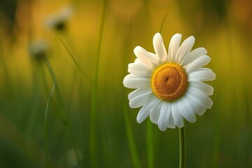 Poster - A single daisy stands out in a field with a warm sunset glow