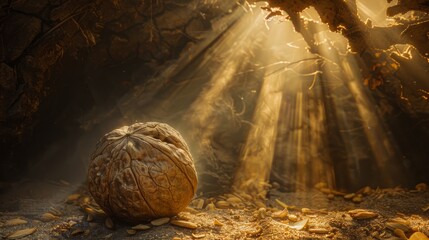 Golden walnut shell bathed in sunlight in an autumn forest