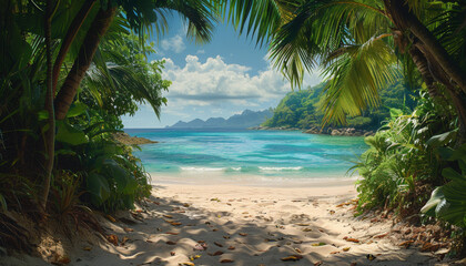 Wall Mural - A lush tropical forest with a beach in the background by AI generated image