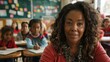 © mashimara - Smiling female teacher in a classroom, with children in the background, creating a warm and educational atmosphere.