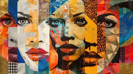 Wall Mural - Abstract collage of diverse faces, mixed with geometric patterns and organic textures, vibrant and contemporary