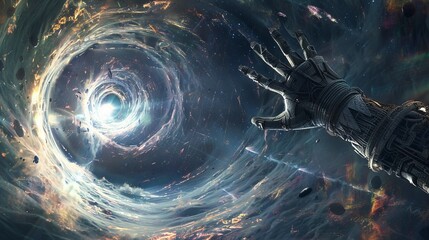 Wall Mural - Hand reaching towards a swirling vortex in the sky