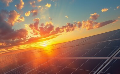 A beautiful sunset over photovoltaic panels with a bright orange sun in the sky