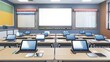 © Naeem - A modern classroom with a smartboard, desks with tablets, and a blank space on the smartboard for text,