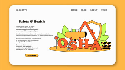 Vector flat OSHA web banner or landing page. Service protecting worker safety hazards at job. Occupational Safety and Health Administration. Labor protection policy. Regulation for trauma prevention