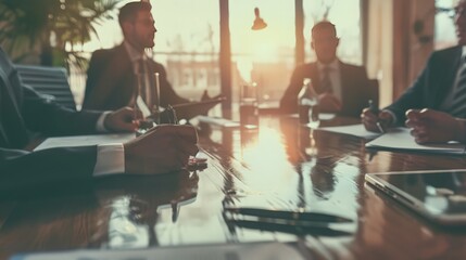 Poster - A team of business professionals sits around a table, actively discussing and brainstorming strategies for business growth.