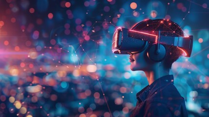Poster - With a forward-thinking approach, a skilled investor embraces VR technology, utilizing specialized goggles to explore the metaverse and virtual reality landscape