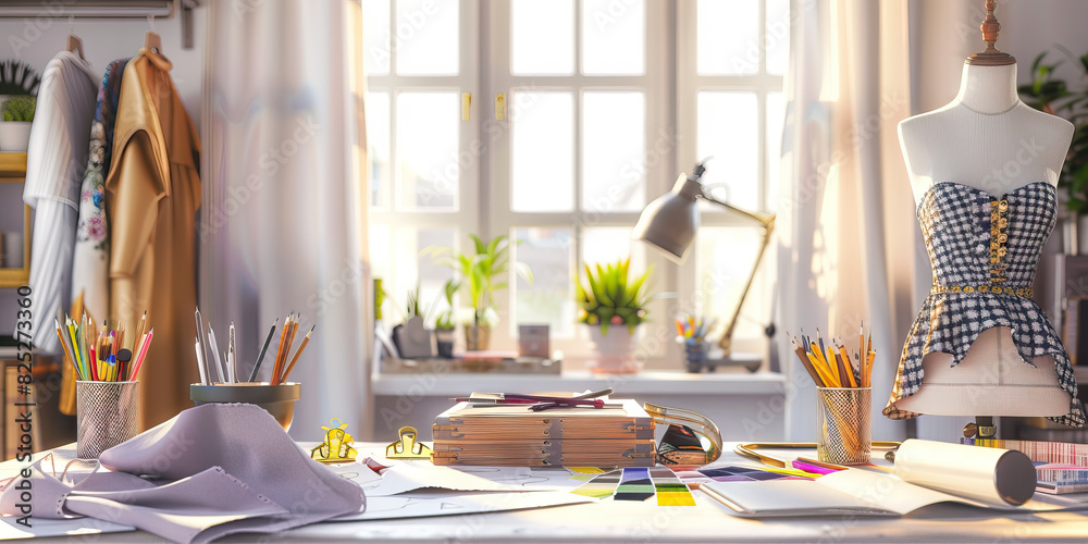 Fashion Designer's Atelier: A chic desk with drawing tools, fabric ...