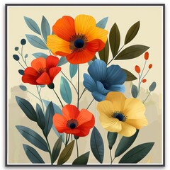 Wall Mural - minimalist flowers, one color, poster format, white background