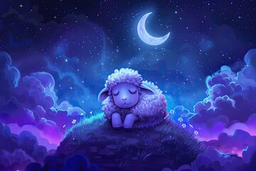 Canvas Print - Purple Greeting card with cute sheep and crescent on night background 