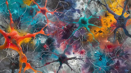 Poster - Vibrant neural network art with colorful abstract design, representing a complex web of interconnecting neurons against a grey backdrop.