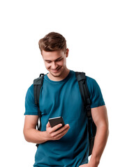 student man with backpack texting on phone