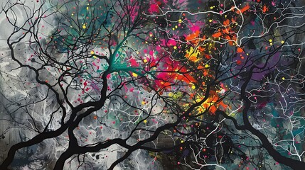Poster - Vibrant abstract painting with colorful splashes on dark background, showcasing artistic branches and vivid hues.