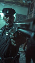 Wall Mural - Pakistani Police officers with pistol , wearing uniforms, dimly lit office, karachi pakistan, night time