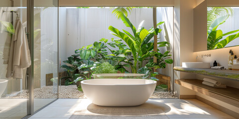 a minimalist bathroom with a spacious window looking out to a cozy courtyard. Clean design, abundant natural light, and a tranquil setting