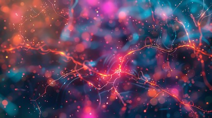 Poster - Abstract neural network with colorful lights and particle effects, perfect for high-tech digital backgrounds and science visuals.