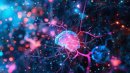 Poster - Digital visualization of a neural network with colorful synaptic connections, depicting brain activity and neural interactions.