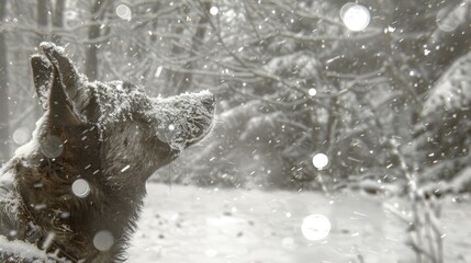 Wall Mural -  A dog gazes up at a snow-laden tree, its branches adorned with snowflakes Snowflakes blanket the ground beneath trees in the background