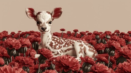 Wall Mural -  A fawn nestled among red flowers, its ears adorned with a smaller fawn's head