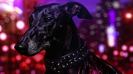 Wall Mural -  A tight shot of a black dog with a leather collar and studded collar, positioned in front of a hazy backdrop of intermingling red, purple, pink, and violet lights