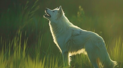Wall Mural -  A white wolf stands in the grass, head lifted high, mouth agape